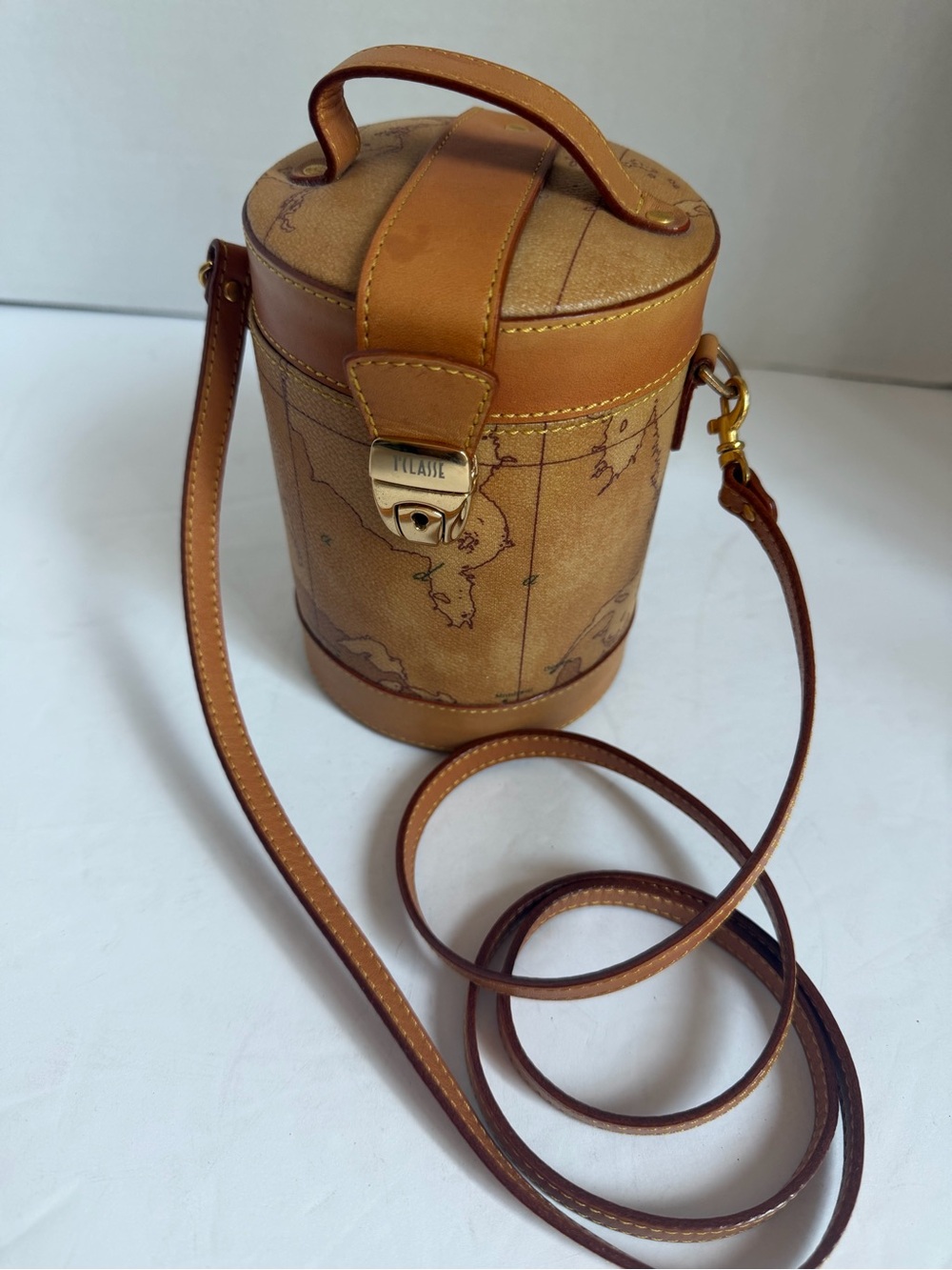Alviero Martini Brown Map-Print Cylindrical Crossbody Bag